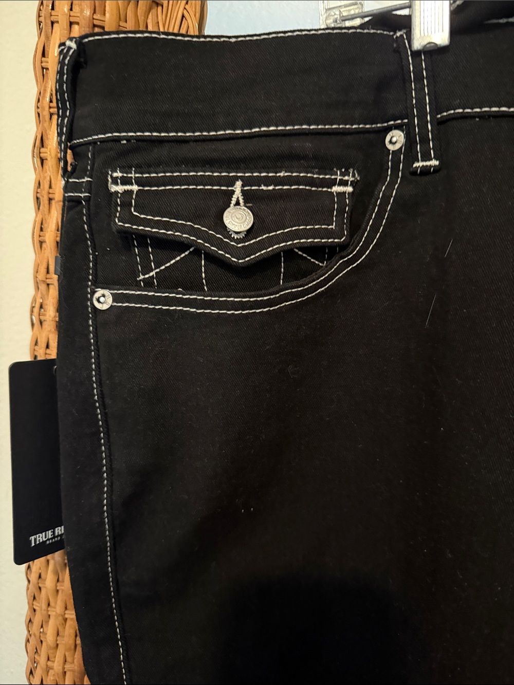 True Religion Black Denim Cutoff Shorts with White Stitching - Picture 5 of 6